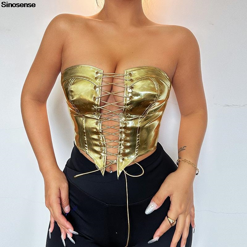Women PU Leather Bustier Crop  - Strapless Bra Backless 评论和价格